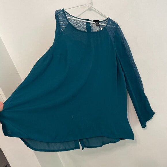 TORRID 2 Plus Size Lace Inset Georgette Blouse Solid Teal Blue Green Long Sleeve - Picture 11 of 16